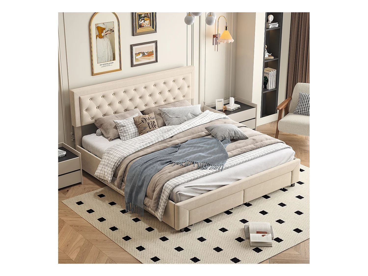 Lit rembourré en velours beige avec tête cloutée et rangement hydraulique, tiroirs au pied, King 180x200cm, chambre moderne et luxueuse