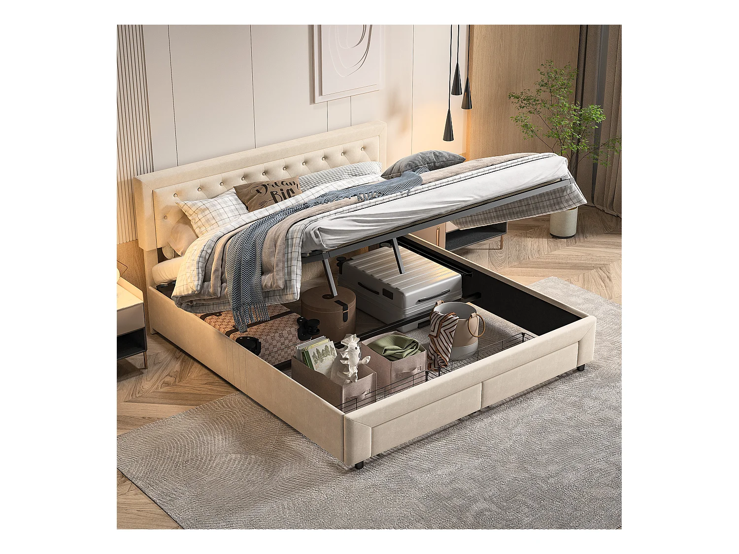Lit rembourré en velours beige avec tête cloutée et rangement hydraulique, tiroirs au pied, King 180x200cm, chambre moderne et luxueuse
