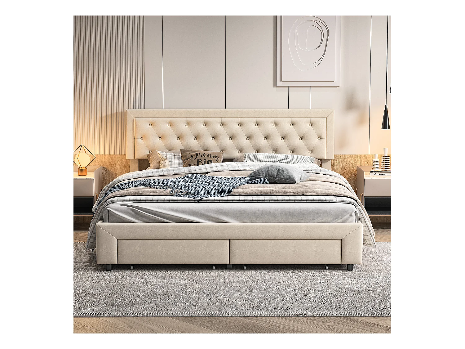 Lit rembourré en velours beige avec tête cloutée et rangement hydraulique, tiroirs au pied, King 180x200cm, chambre moderne et luxueuse