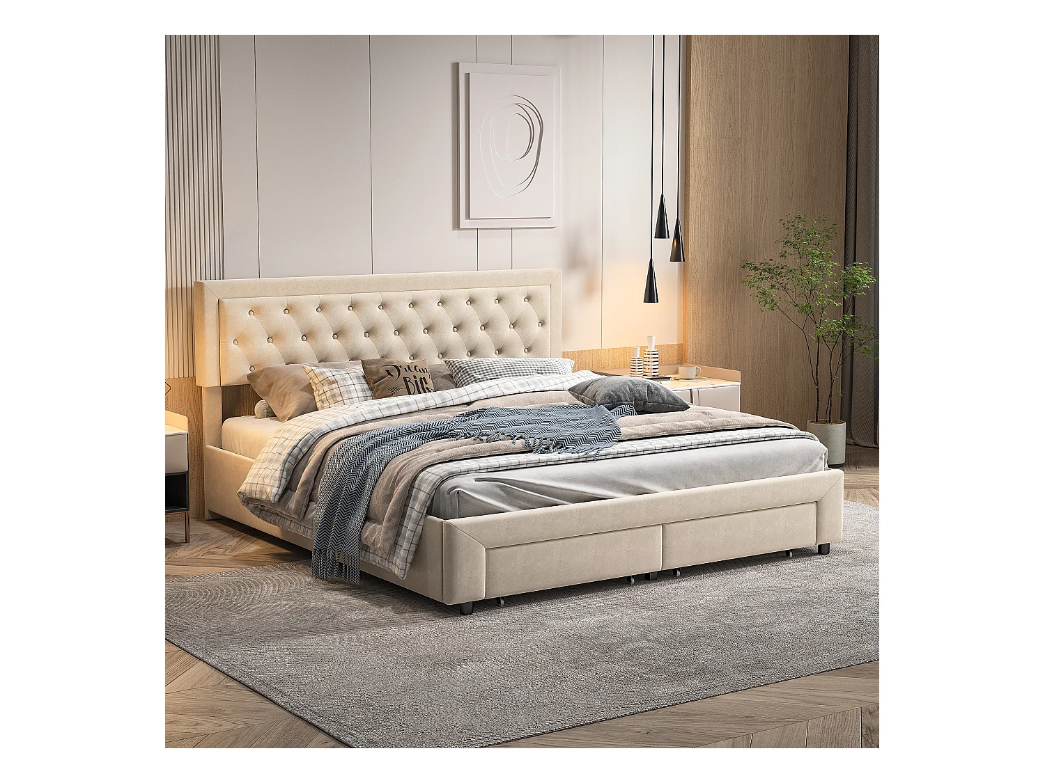 Lit rembourré en velours beige avec tête cloutée et rangement hydraulique, tiroirs au pied, King 180x200cm, chambre moderne et luxueuse