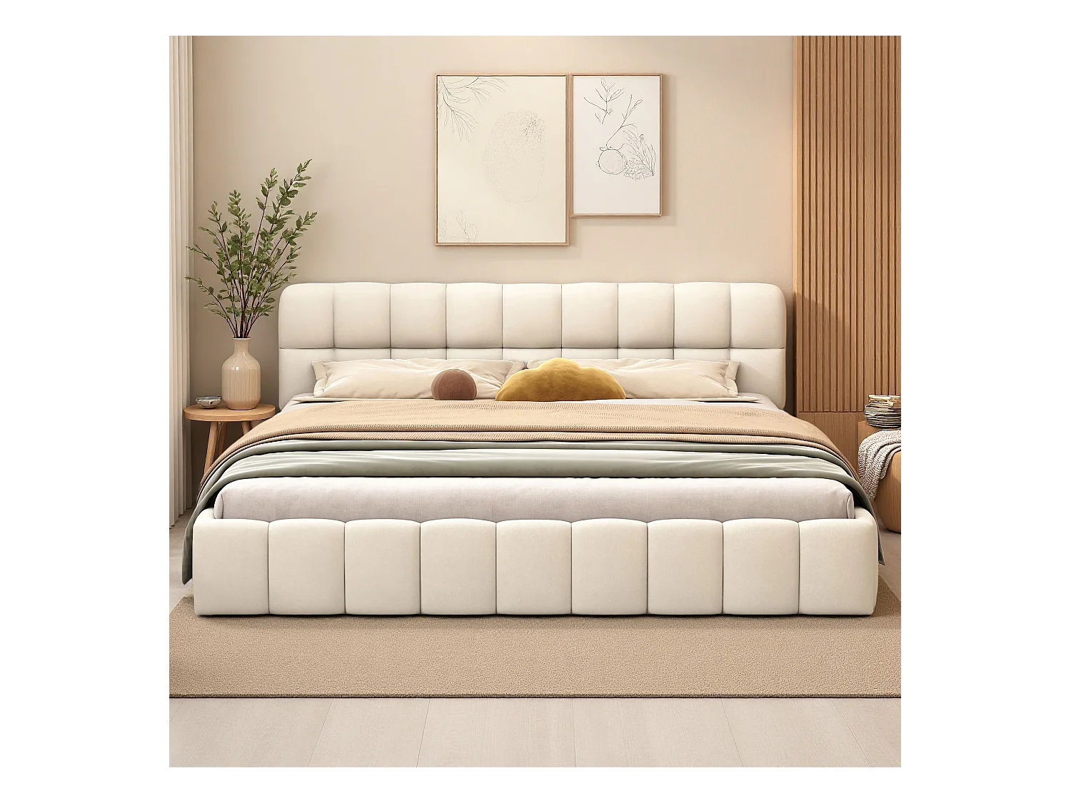 Lit rembourré 140 x 190 cm, lit jeune, lit double avec dossier moelleux, et bordure rembourrée, sommier à lattes lin beige (matelas non inclus)