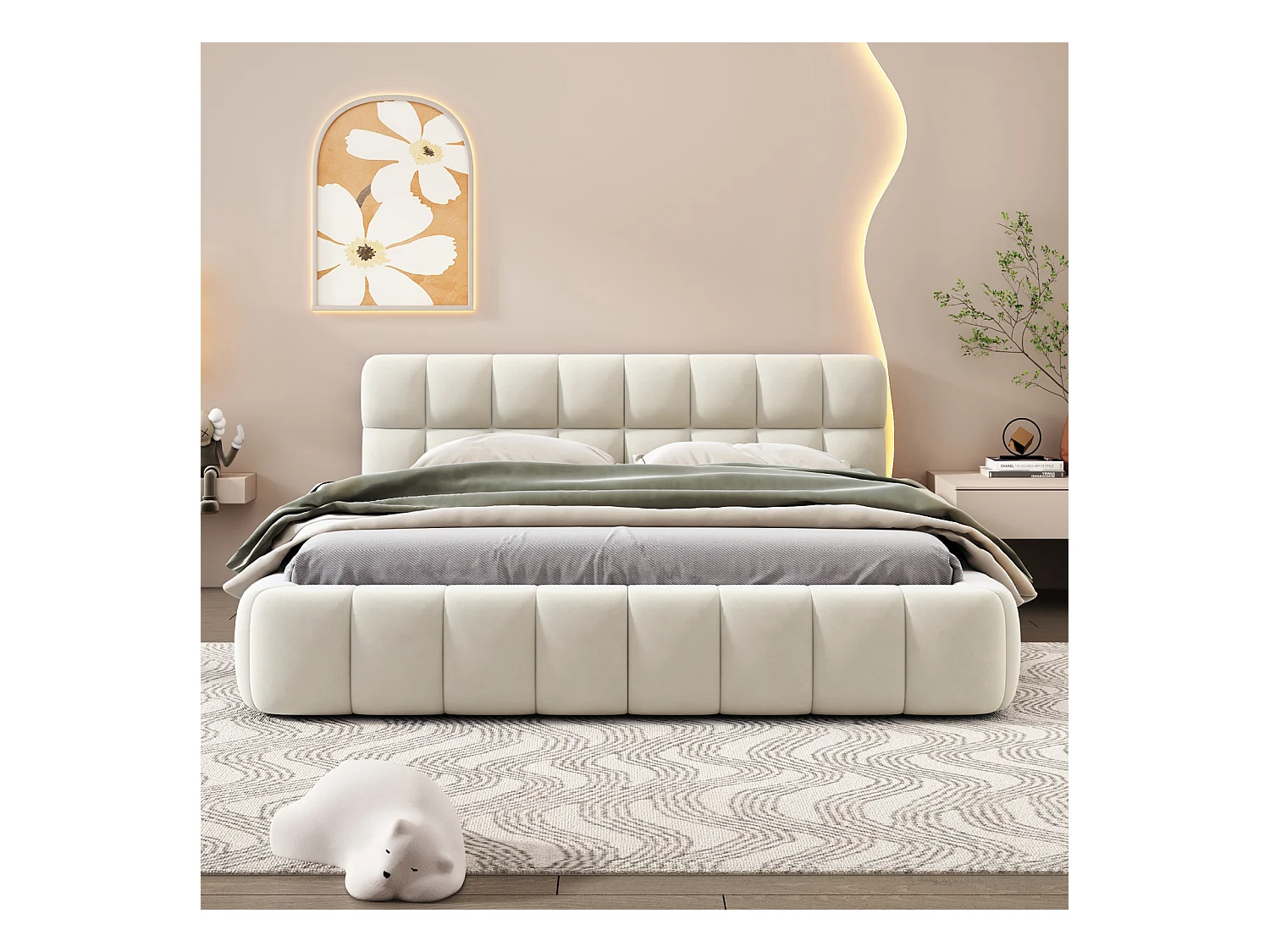 Lit rembourré 140 x 190 cm, lit jeune, lit double avec dossier moelleux, et bordure rembourrée, sommier à lattes lin beige (matelas non inclus)