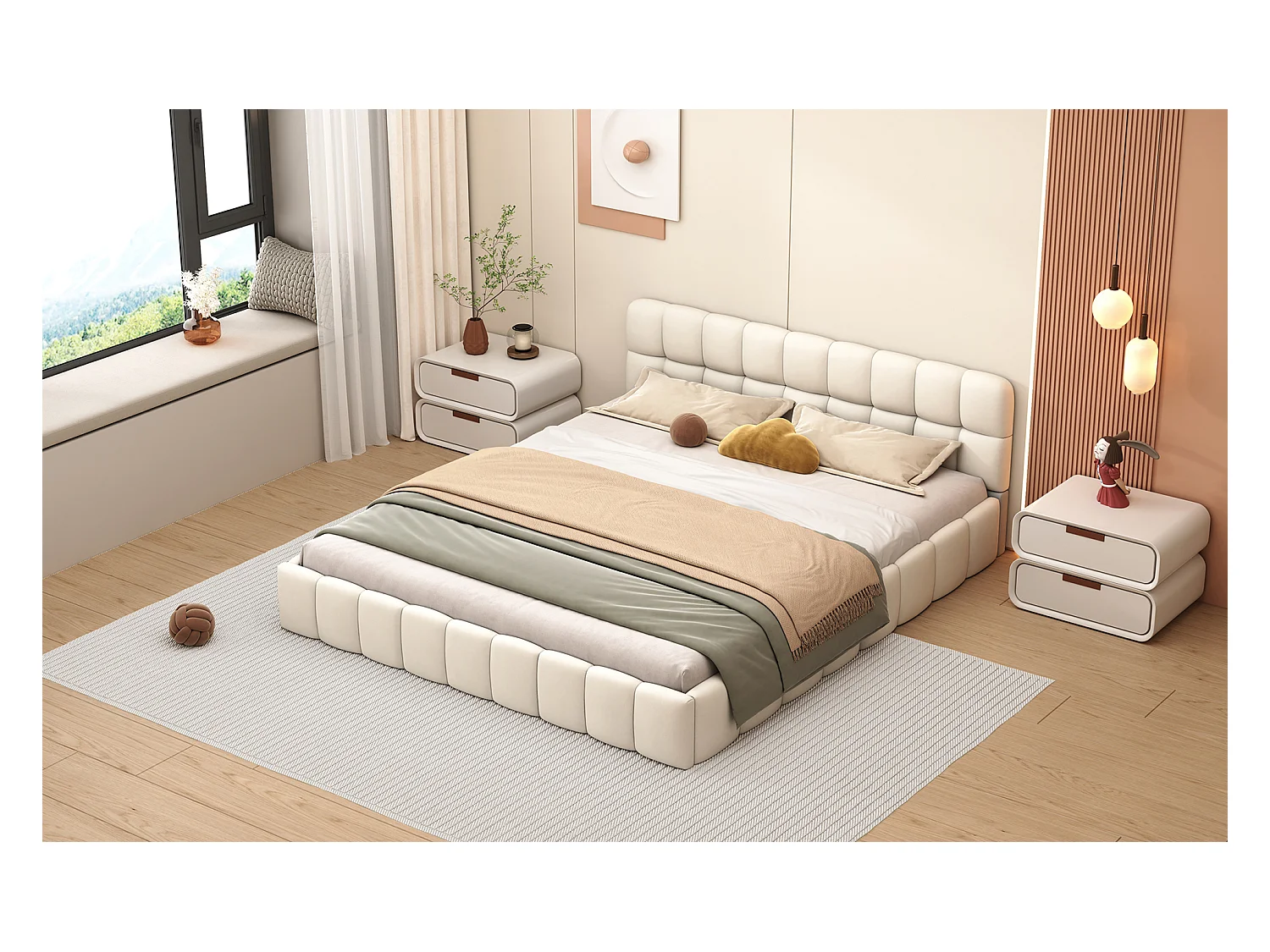 Lit rembourré 140 x 190 cm, lit jeune, lit double avec dossier moelleux, et bordure rembourrée, sommier à lattes lin beige (matelas non inclus)