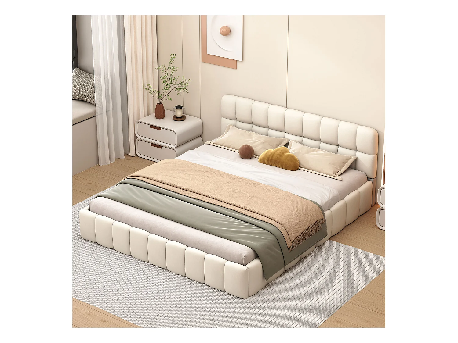 Lit rembourré 140 x 190 cm, lit jeune, lit double avec dossier moelleux, et bordure rembourrée, sommier à lattes lin beige (matelas non inclus)