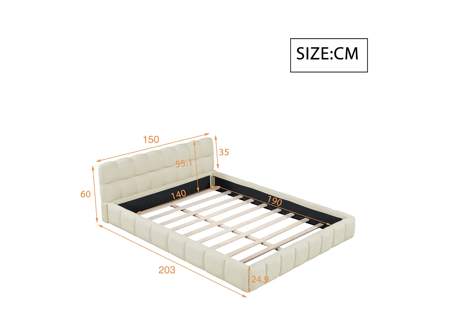 Lit rembourré 140 x 190 cm, lit jeune, lit double avec dossier moelleux, et bordure rembourrée, sommier à lattes lin beige (matelas non inclus)
