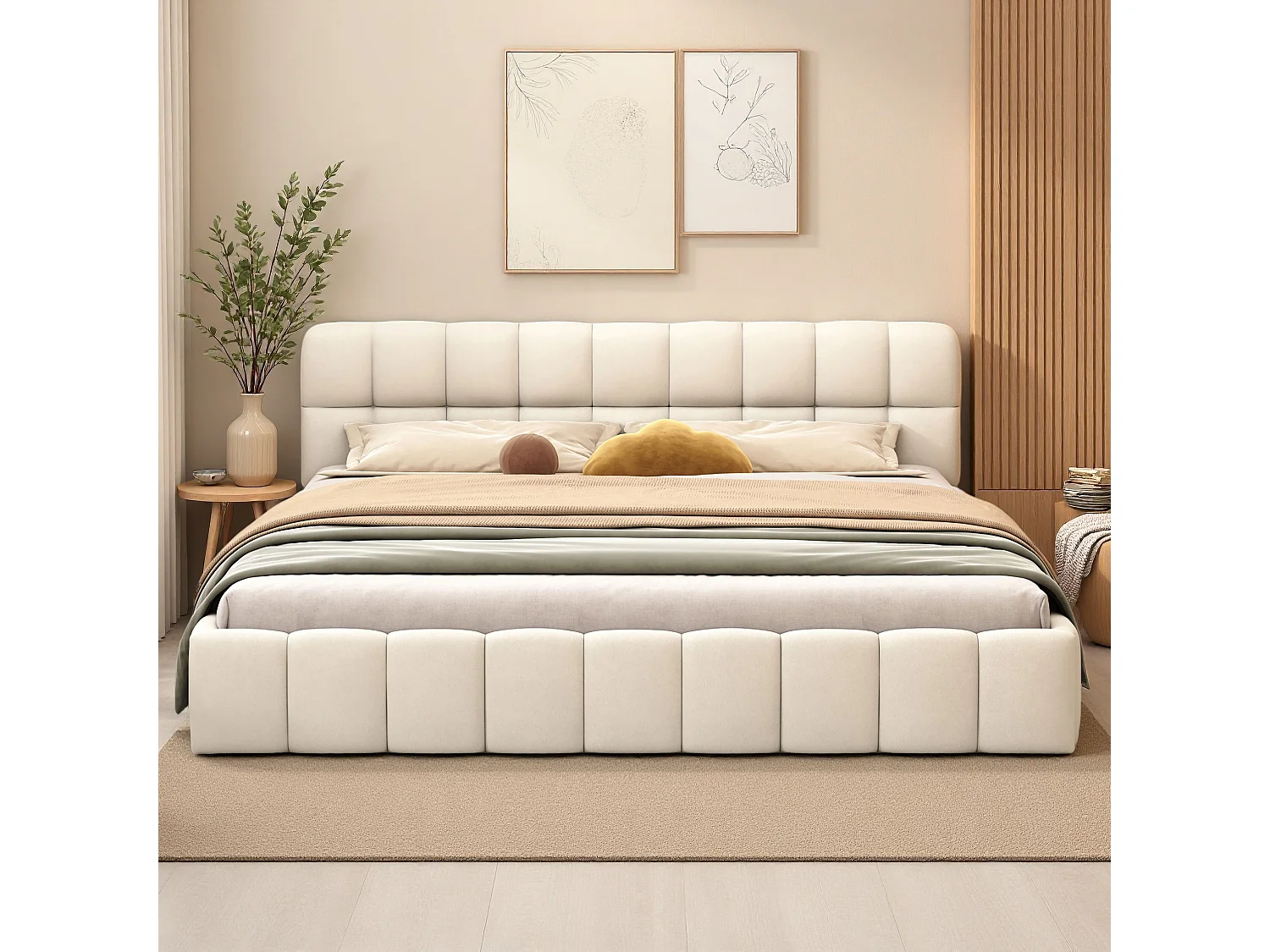 Lit rembourré 140 x 190 cm, lit jeune, lit double avec dossier moelleux, et bordure rembourrée, sommier à lattes lin beige (matelas non inclus)