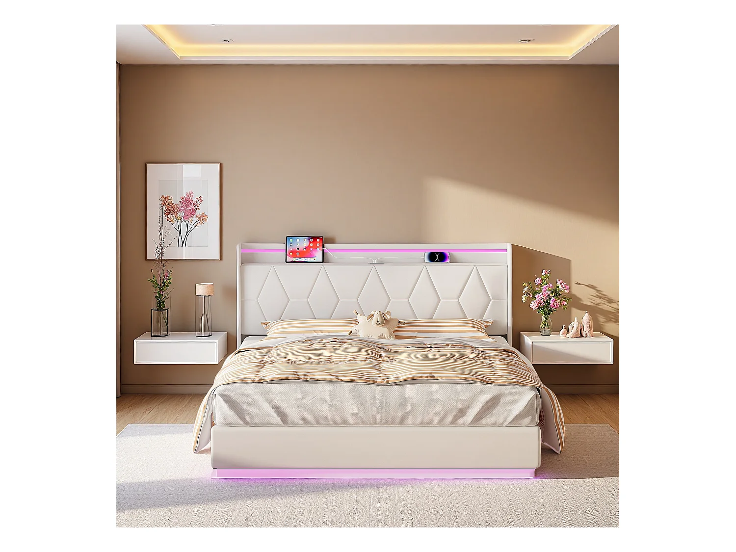 Lit double blanc 160x200 cm en velours, tête de lit capitonnée avec LED, ports de charge, bandes lumineuses sur 3 côtés