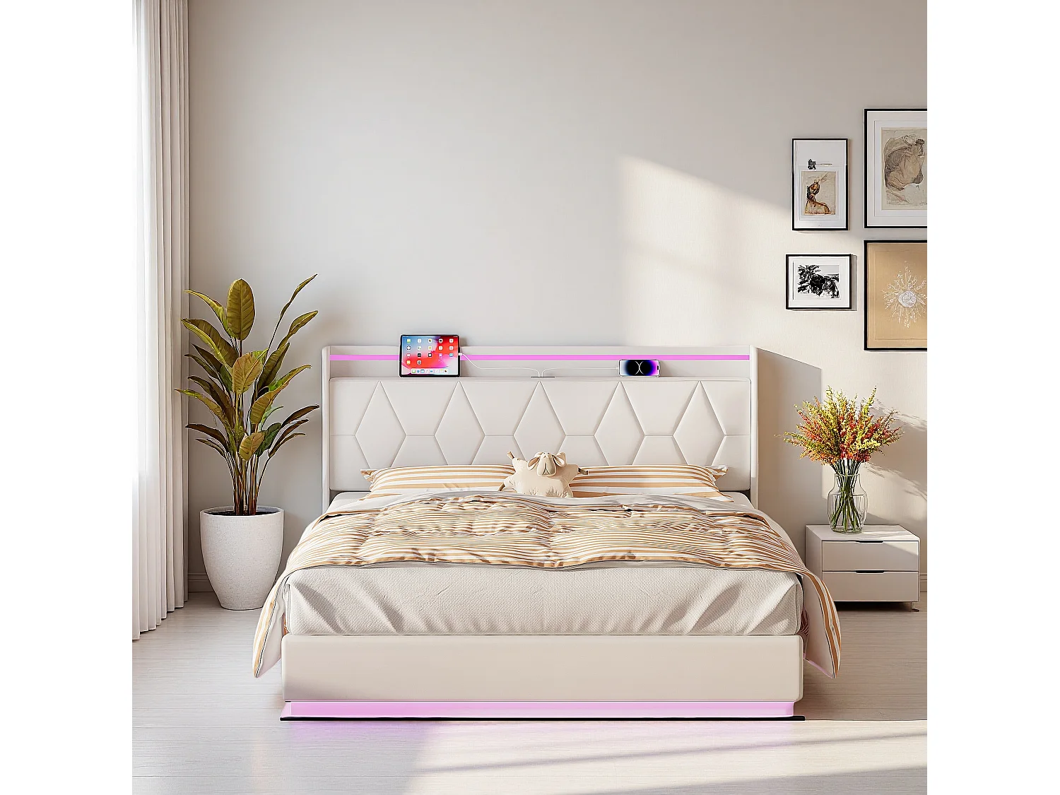 Lit double blanc 160x200 cm en velours, tête de lit capitonnée avec LED, ports de charge, bandes lumineuses sur 3 côtés