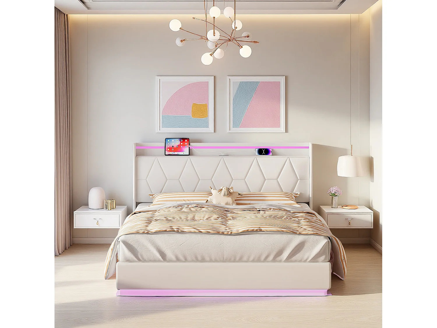 Lit double blanc 160x200 cm en velours, tête de lit capitonnée avec LED, ports de charge, bandes lumineuses sur 3 côtés