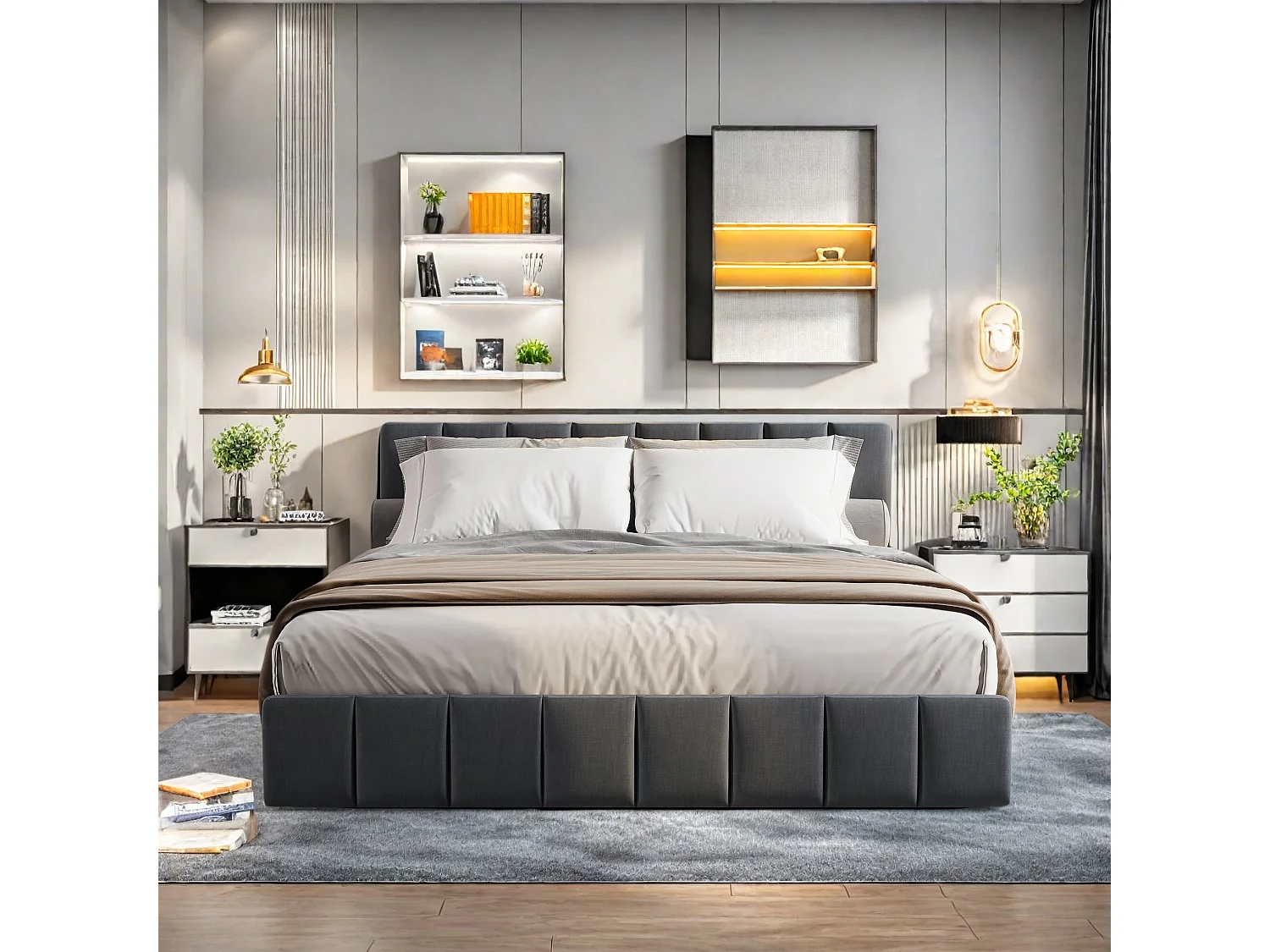 Lit coffre 160x200 cm en tissu lin noir, tête de lit avec fenêtre lumineuse, tiroirs de rangement, bandes LED intégrées