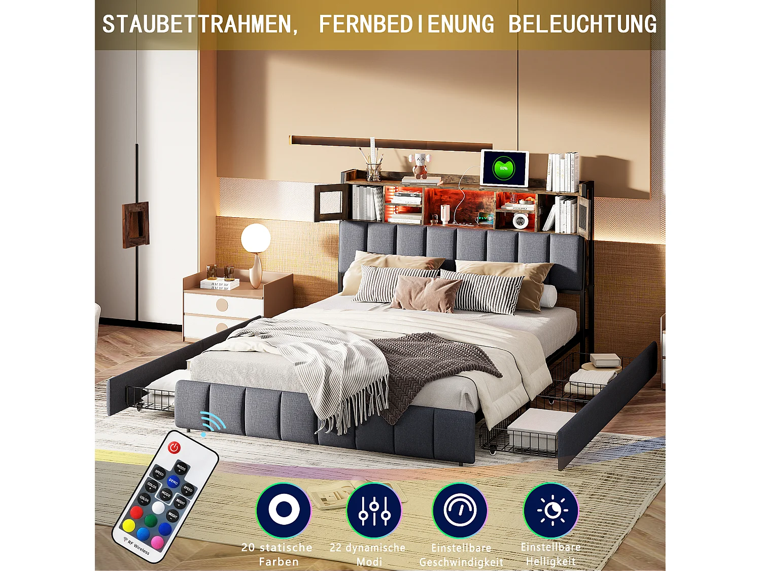 Lit coffre 160x200 cm en tissu lin noir, tête de lit avec fenêtre lumineuse, tiroirs de rangement, bandes LED intégrées