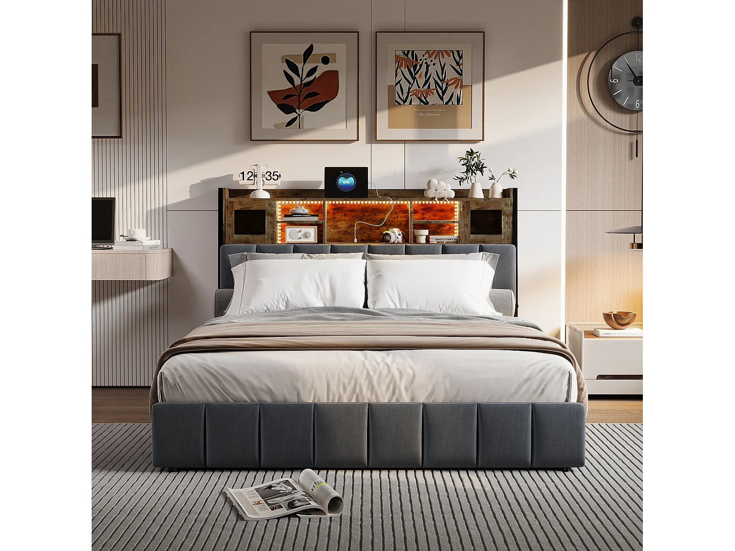 Lit coffre 160x200 cm en tissu lin noir, tête de lit avec fenêtre lumineuse, tiroirs de rangement, bandes LED intégrées