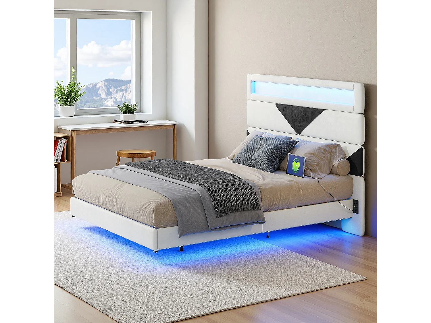 Lit Flottant 160 x 200 cm avec éclairage LED et 2 Ports USB, Cadre de LIt avec Sommier à Lattes, Lits 2 Personnes avec tête de lit, Beige+Noir