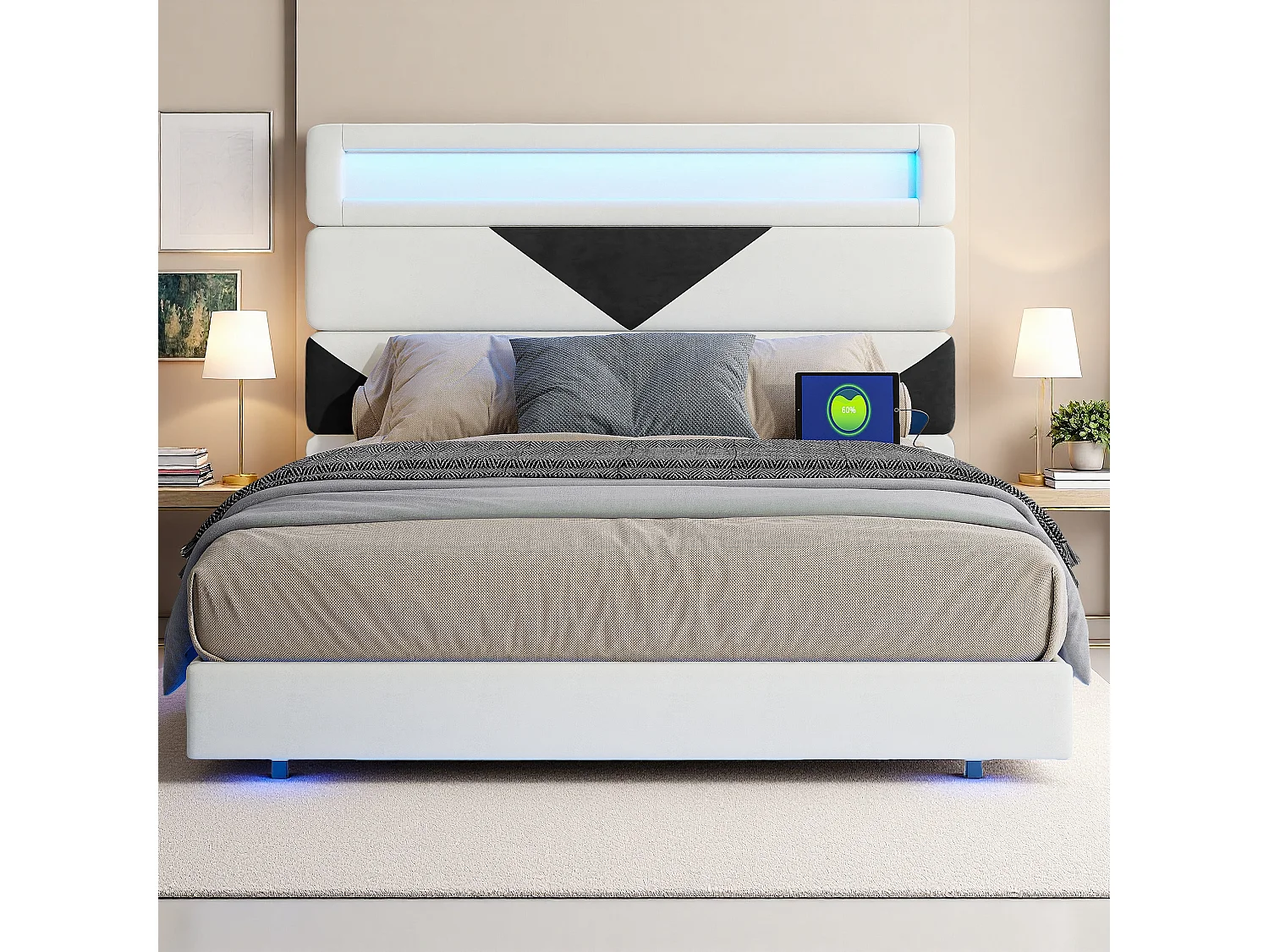 Lit Flottant 160 x 200 cm avec éclairage LED et 2 Ports USB, Cadre de LIt avec Sommier à Lattes, Lits 2 Personnes avec tête de lit, Beige+Noir