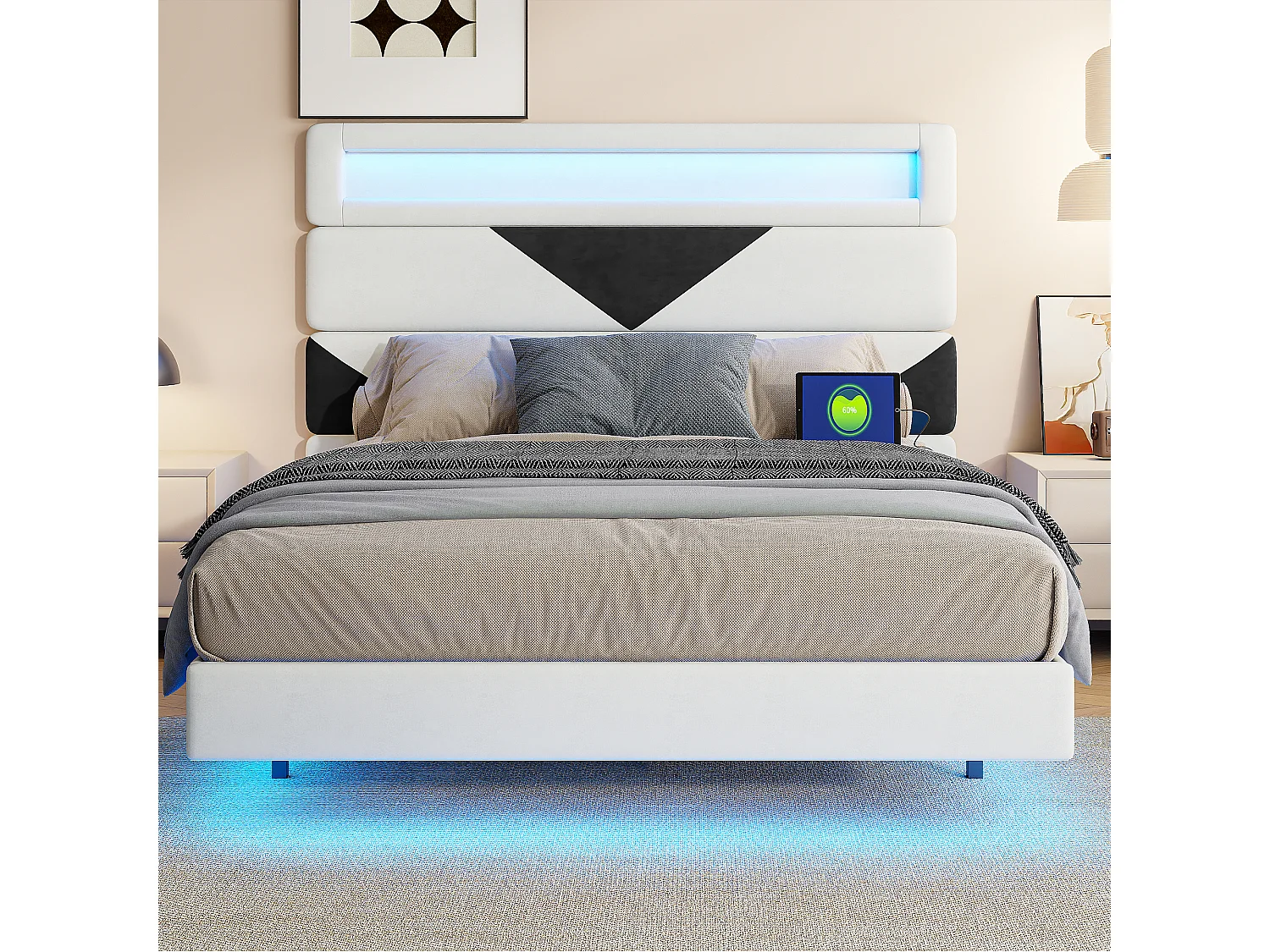 Lit Flottant 160 x 200 cm avec éclairage LED et 2 Ports USB, Cadre de LIt avec Sommier à Lattes, Lits 2 Personnes avec tête de lit, Beige+Noir