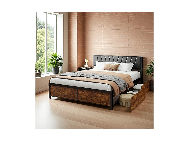 Cadre de Lit Double 160x200 cm avec Tiroirs Coulissants et LED, en Métal Noir et Bois – Parfait pour Chambre d'Adultes, USB