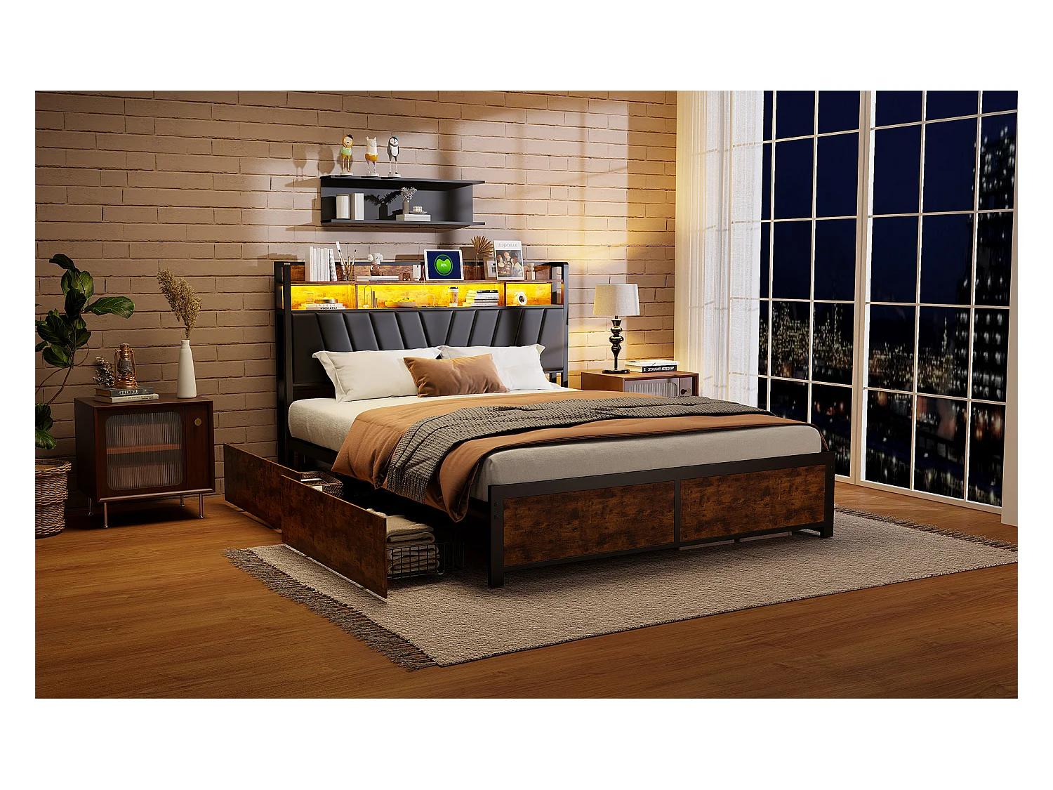 Cadre de Lit Double 160x200 cm avec Tiroirs Coulissants et LED, en Métal Noir et Bois – Parfait pour Chambre d'Adultes, USB