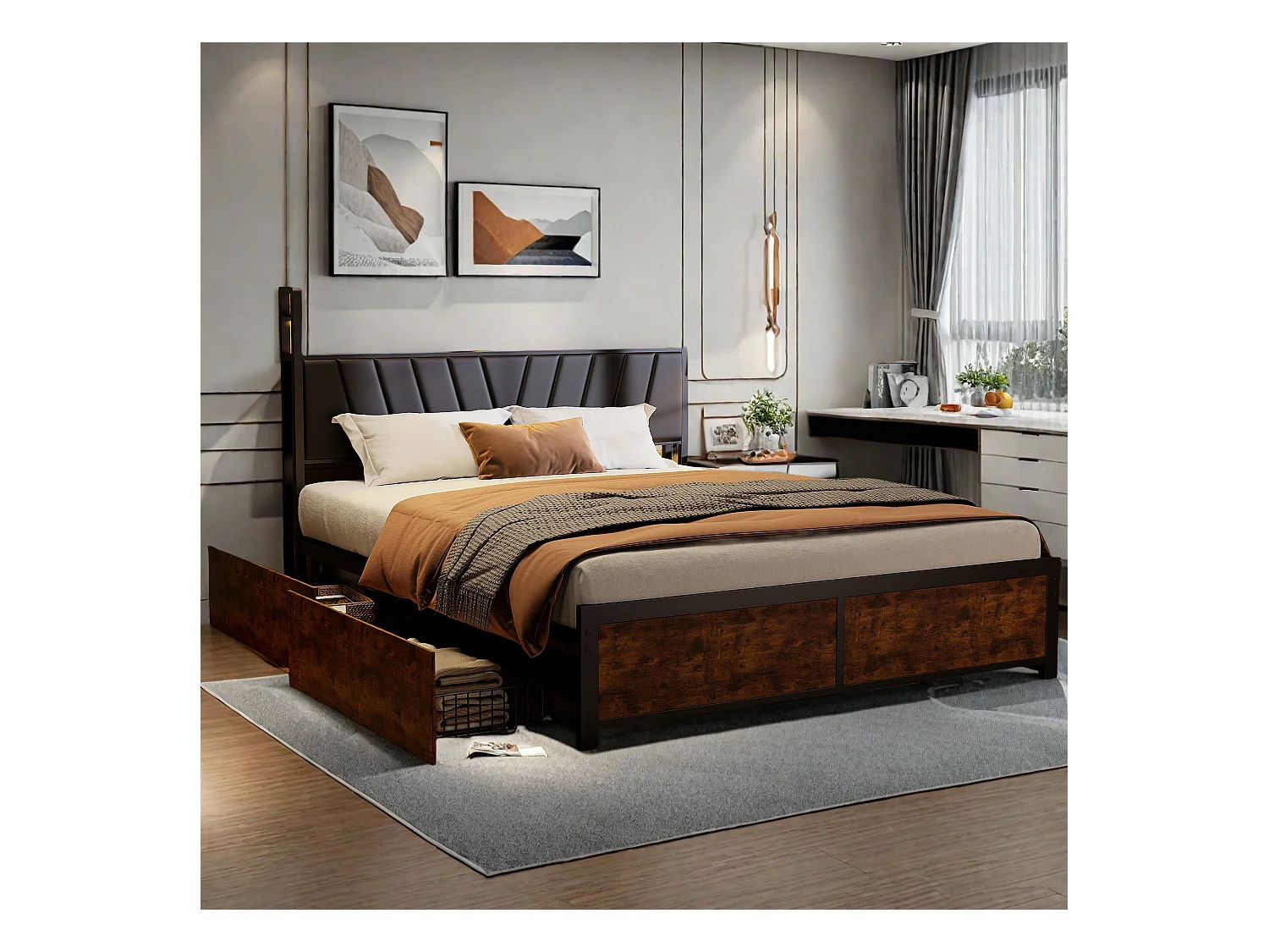 Cadre de Lit Double 160x200 cm avec Tiroirs Coulissants et LED, en Métal Noir et Bois – Parfait pour Chambre d'Adultes, USB