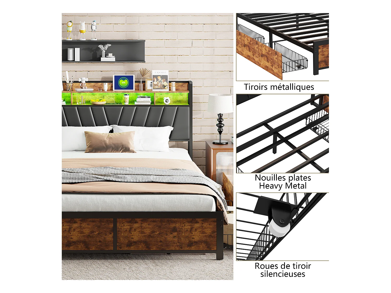 Cadre de Lit Double 160x200 cm avec Tiroirs Coulissants et LED, en Métal Noir et Bois – Parfait pour Chambre d'Adultes, USB