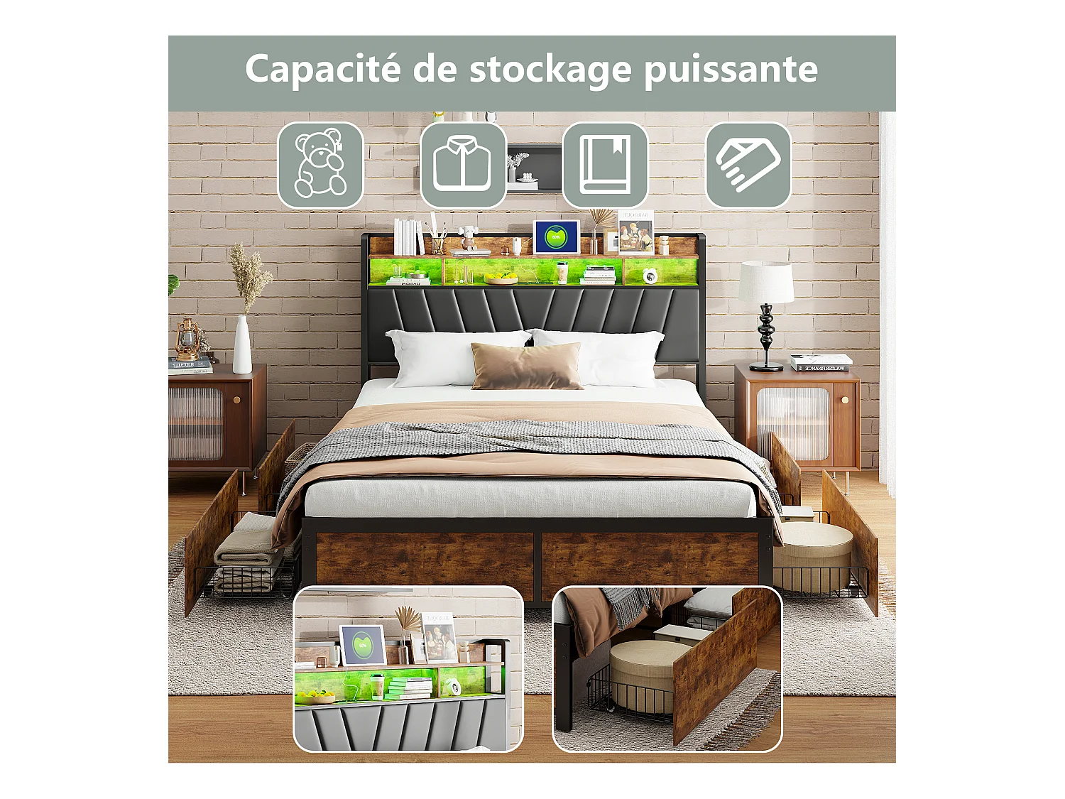 Cadre de Lit Double 160x200 cm avec Tiroirs Coulissants et LED, en Métal Noir et Bois – Parfait pour Chambre d'Adultes, USB