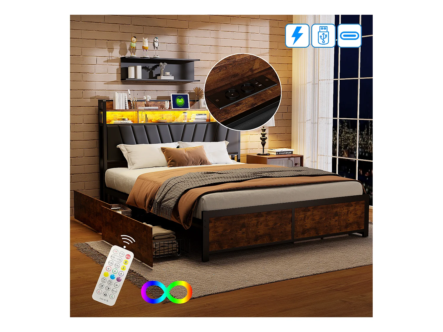 Cadre de Lit Double 160x200 cm avec Tiroirs Coulissants et LED, en Métal Noir et Bois – Parfait pour Chambre d'Adultes, USB