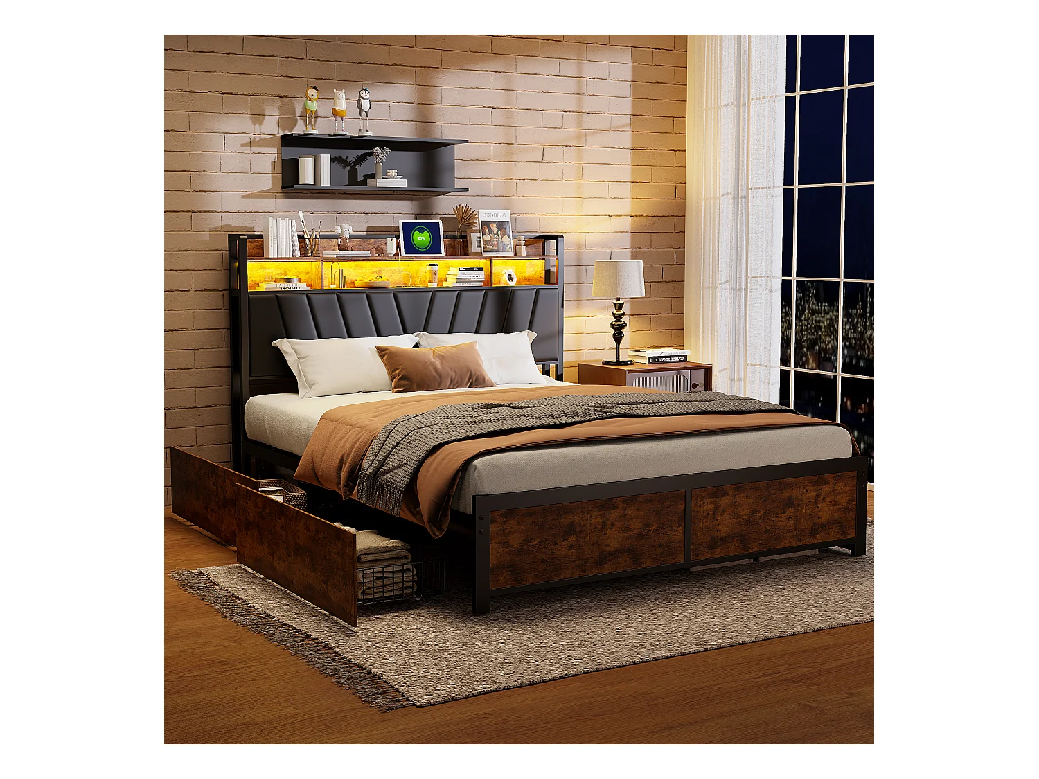 Cadre de Lit Double 160x200 cm avec Tiroirs Coulissants et LED, en Métal Noir et Bois – Parfait pour Chambre d'Adultes, USB
