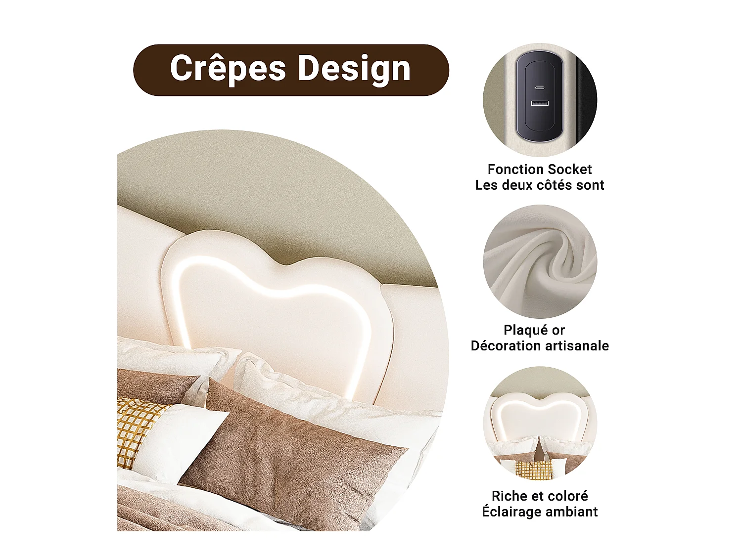 Letto imbottito 160 x 200 cm con luci LED e USB, con contenitore, tessuto in velluto, letto matrimoniale 160 x 200 cm, beige (senza materasso)