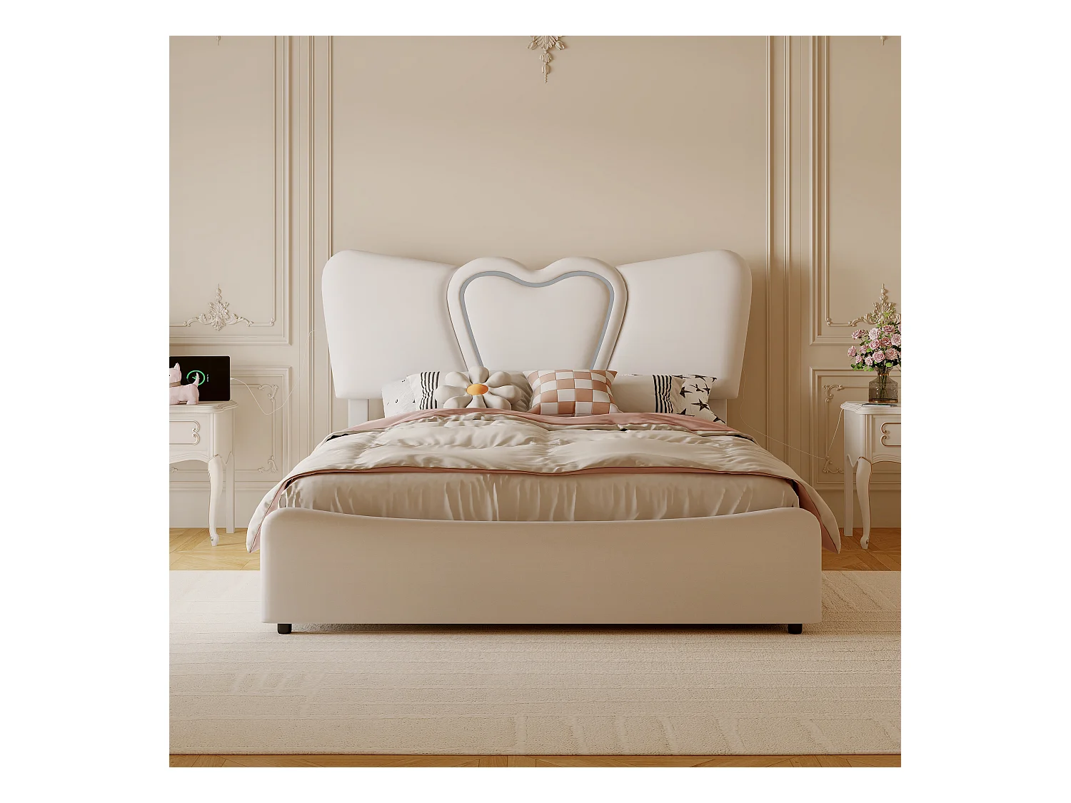Letto imbottito 160 x 200 cm con luci LED e USB, con contenitore, tessuto in velluto, letto matrimoniale 160 x 200 cm, beige (senza materasso)