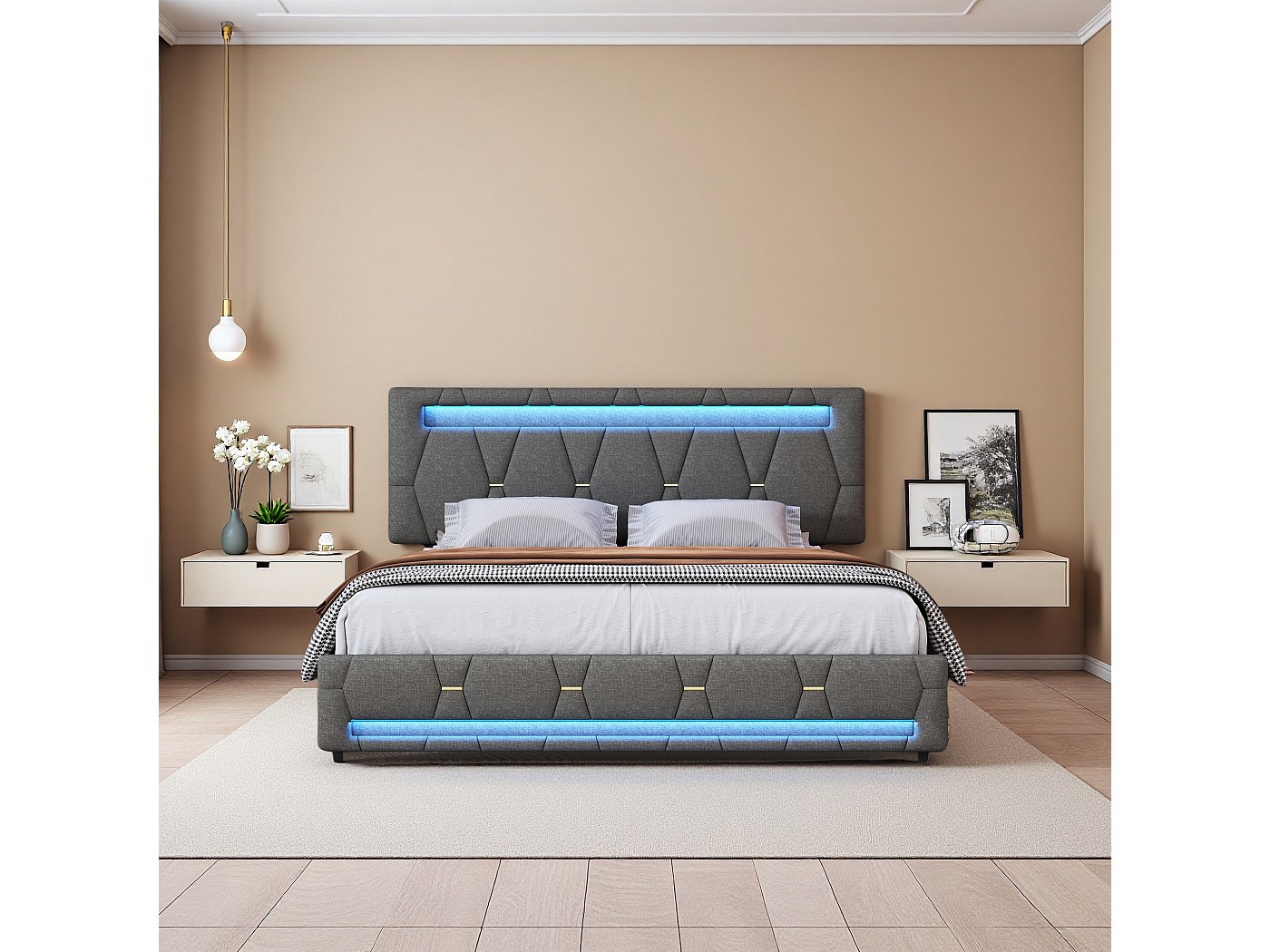 Letto Contenitore 140x200 Cm Con LED, 1 Cassetto, USB/Type-C, Rete A Doghe Velluto Bianco