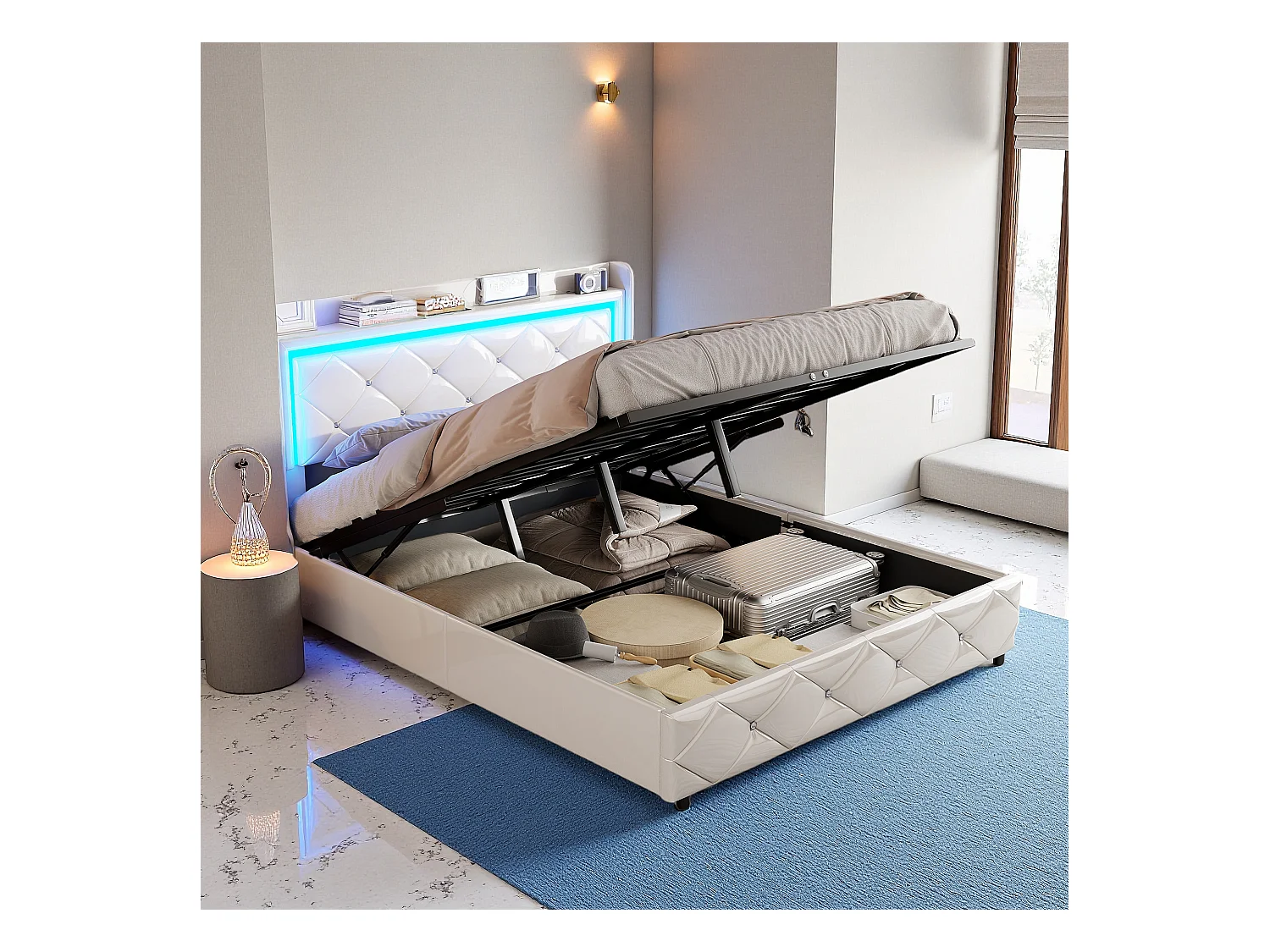 Tweepersoonsbed van 140x200 cm in wit PU-leer met kristalmotief, hydraulische opbergbox, oplaadpoorten en led-sfeerverlichting. Sfeerverlichting