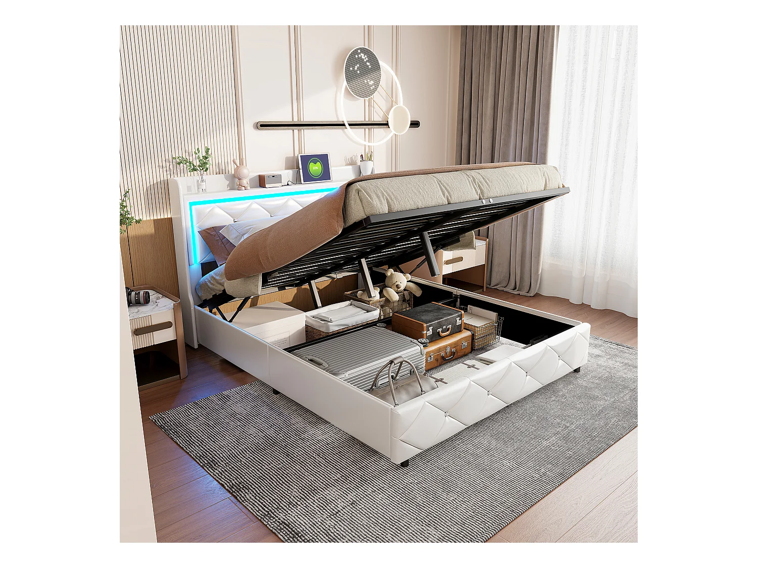 Tweepersoonsbed van 140x200 cm in wit PU-leer met kristalmotief, hydraulische opbergbox, oplaadpoorten en led-sfeerverlichting. Sfeerverlichting