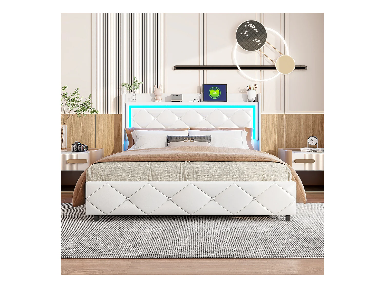 Tweepersoonsbed van 140x200 cm in wit PU-leer met kristalmotief, hydraulische opbergbox, oplaadpoorten en led-sfeerverlichting. Sfeerverlichting