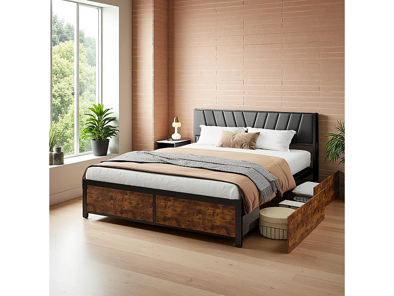 Cadre de Lit Double 180x200 cm avec Tiroirs Coulissants et LED, en Métal Noir et Bois – Parfait pour Chambre d'Adultes, USB