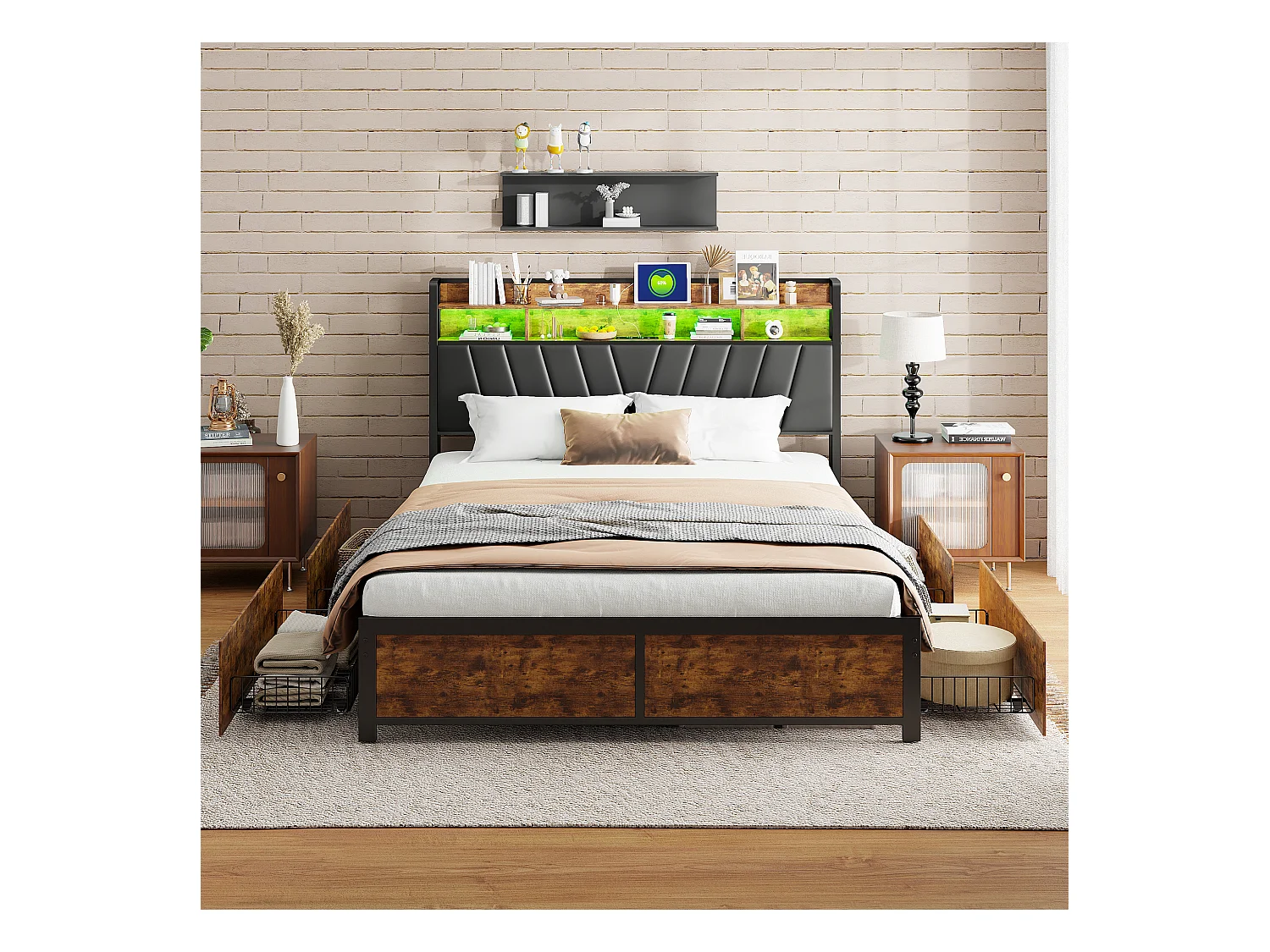 Struttura per letto matrimoniale 180x200 cm con cassetti scorrevoli e LED, in metallo nero e legno - Perfetto per la camera da letto degli adulti, USB