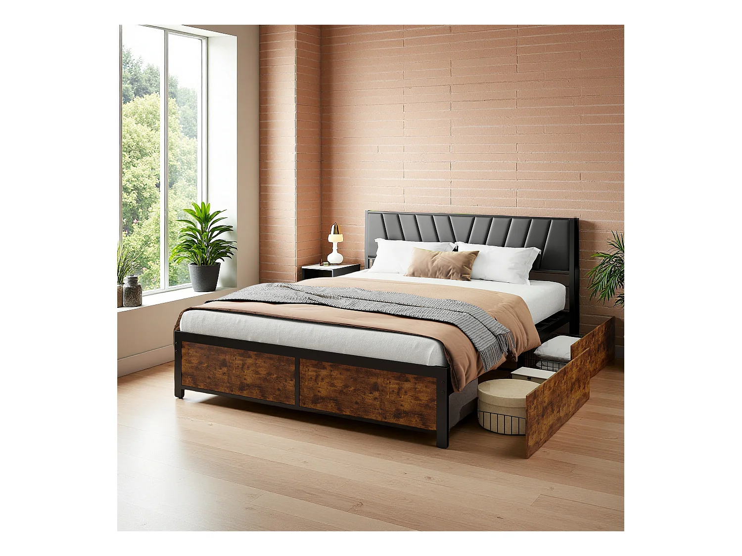 Tweepersoonsbedframe van 180x200 cm met schuifladen en ledverlichting, in zwart metaal en hout - perfect voor slaapkamers voor volwassenen, USB-aansluiting