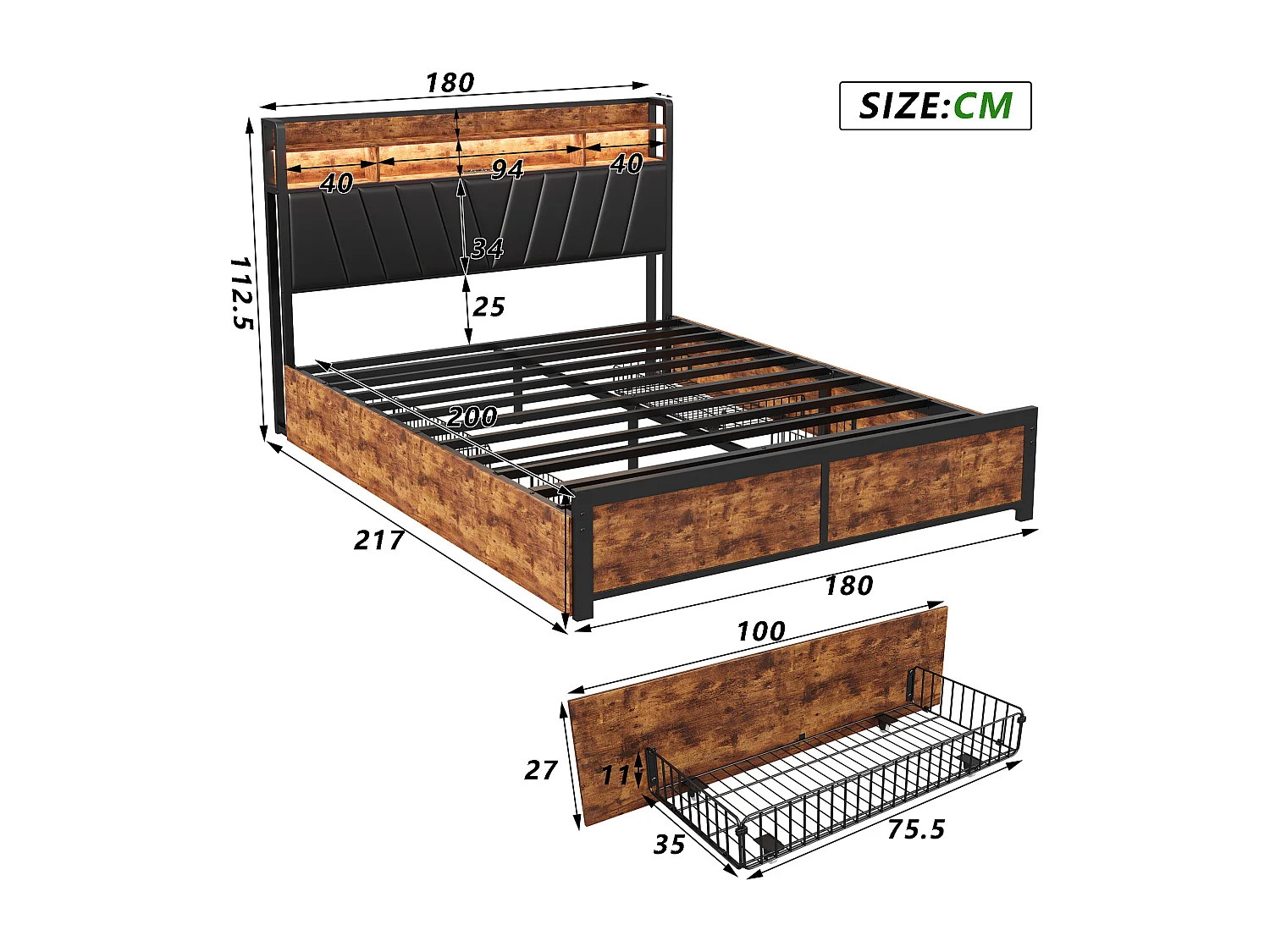 Cadre de Lit Double 180x200 cm avec Tiroirs Coulissants et LED, en Métal Noir et Bois – Parfait pour Chambre d'Adultes, USB