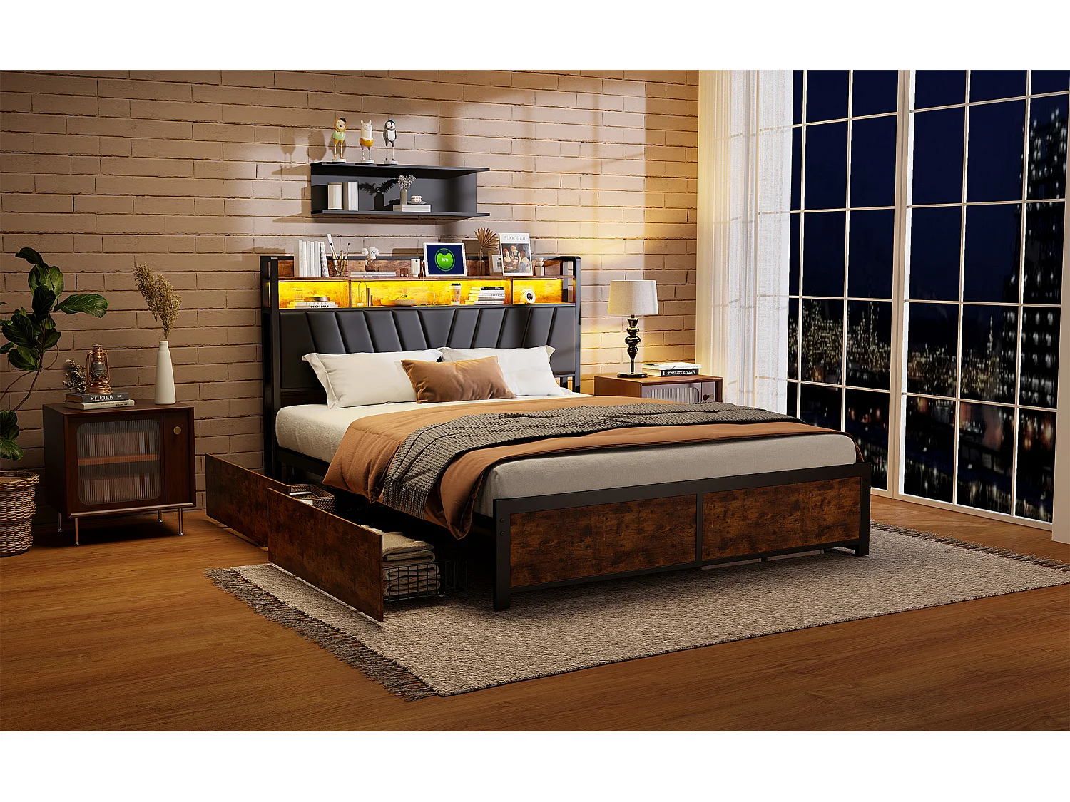 Cadre de Lit Double 180x200 cm avec Tiroirs Coulissants et LED, en Métal Noir et Bois – Parfait pour Chambre d'Adultes, USB