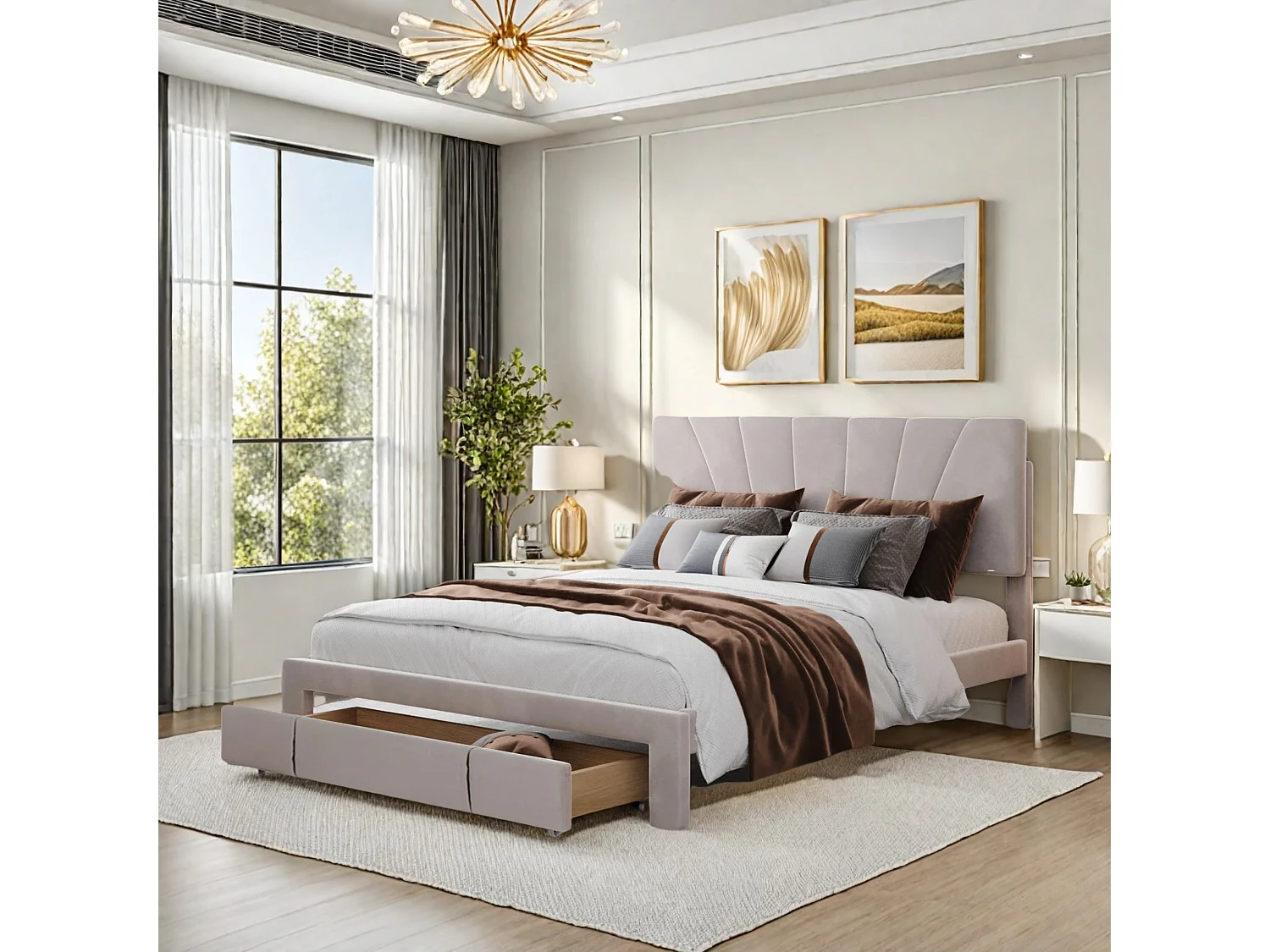 Lit rembourré 140 x 200 cm avec sommier à lattes et grand tiroir, tissu flanelle doux pour la peau, beige, lit double, lit jeune (sans matelas)