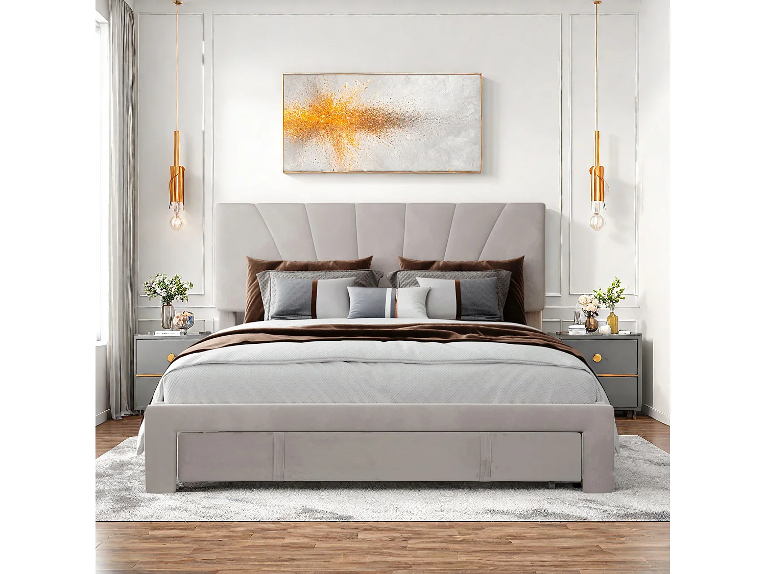 Lit rembourré 140 x 200 cm avec sommier à lattes et grand tiroir, tissu flanelle doux pour la peau, beige, lit double, lit jeune (sans matelas)