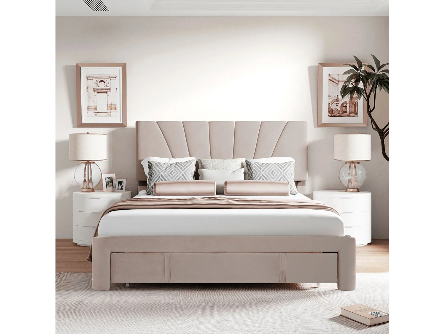 Lit rembourré 140 x 200 cm avec sommier à lattes et grand tiroir, tissu flanelle doux pour la peau, beige, lit double, lit jeune (sans matelas)