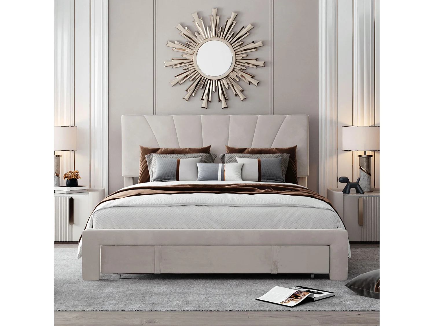 Lit rembourré 140 x 200 cm avec sommier à lattes et grand tiroir, tissu flanelle doux pour la peau, beige, lit double, lit jeune (sans matelas)