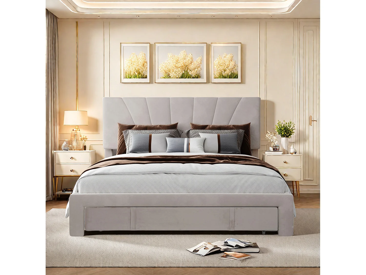 Lit rembourré 140 x 200 cm avec sommier à lattes et grand tiroir, tissu flanelle doux pour la peau, beige, lit double, lit jeune (sans matelas)