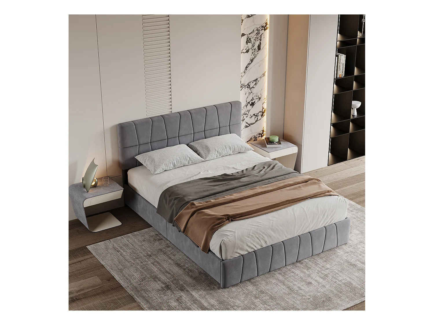 Letto matrimoniale grigio 160 x 200 cm, velluto, giroletto con 4 cassetti, senza materasso
