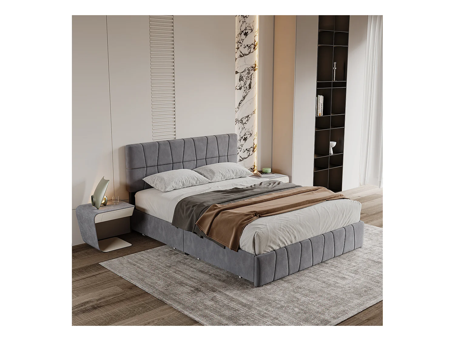 Letto matrimoniale grigio 160 x 200 cm, velluto, giroletto con 4 cassetti, senza materasso