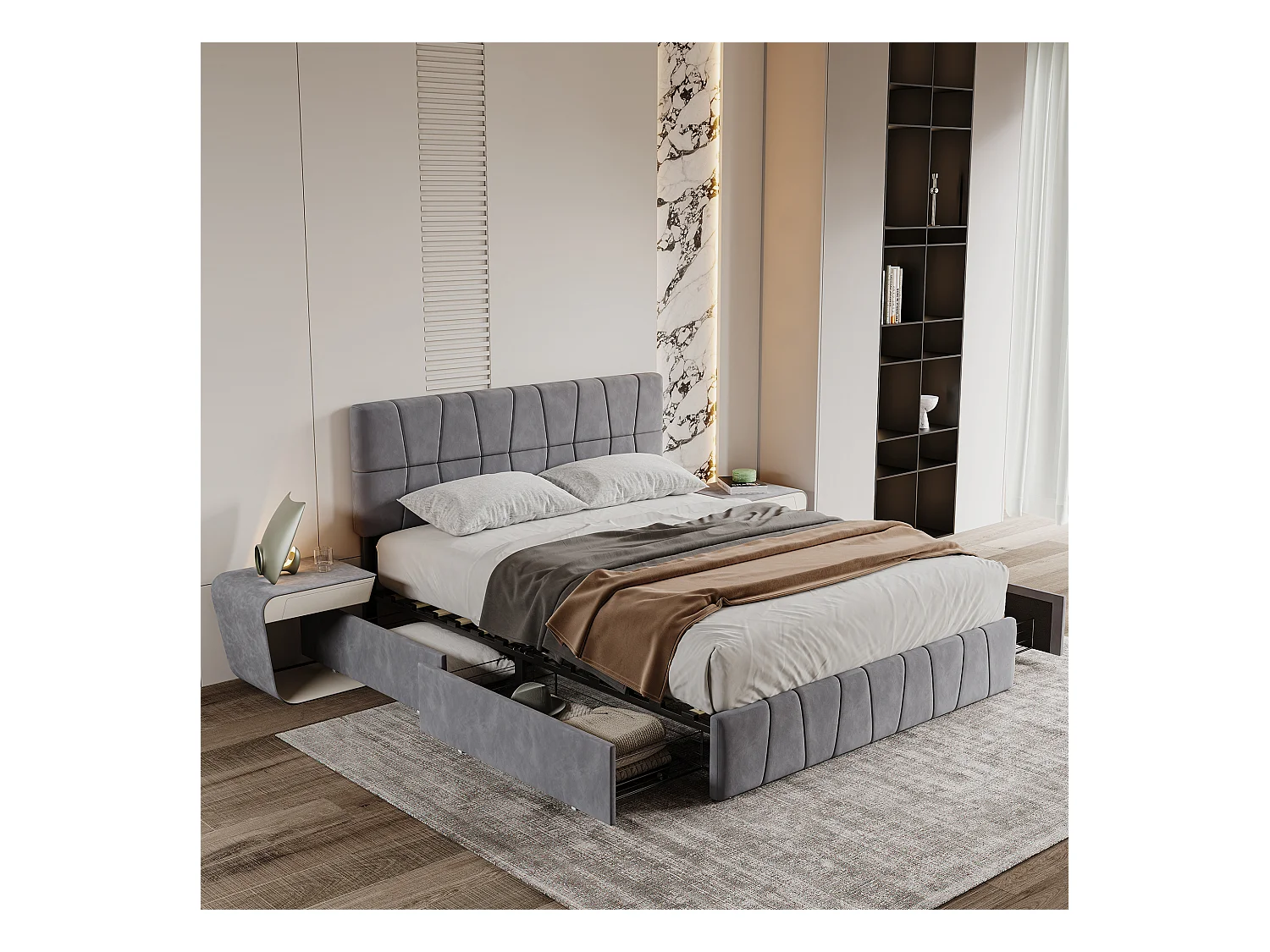 Lit double gris 160 x 200 cm, velours, cadre de lit avec 4 tiroirs, sans matelas