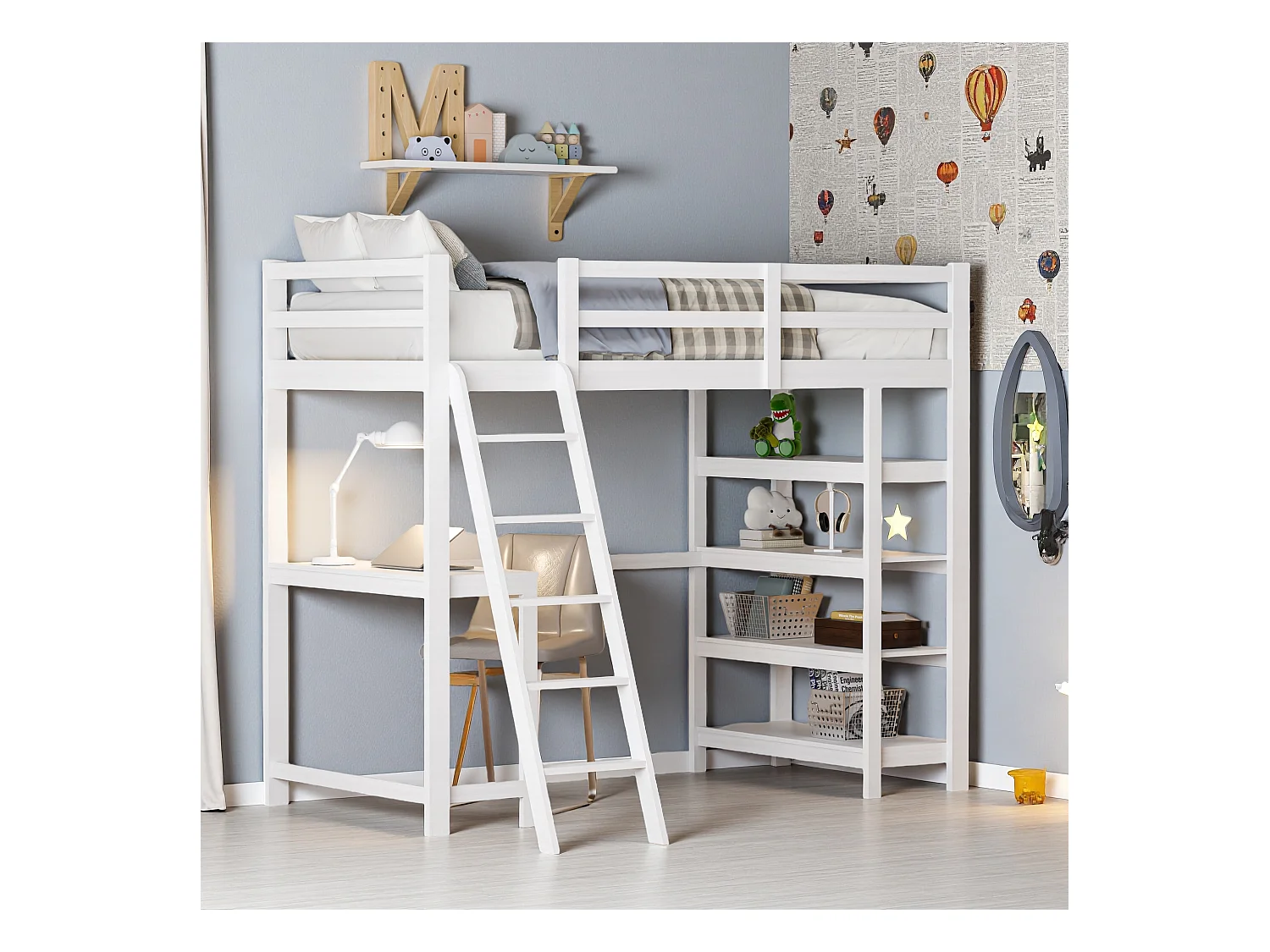 Lit mezzanine 90x200 cm en bois massif blanc, avec bureau intégré, étagères de rangement, escalier sécurisé, design gain de place