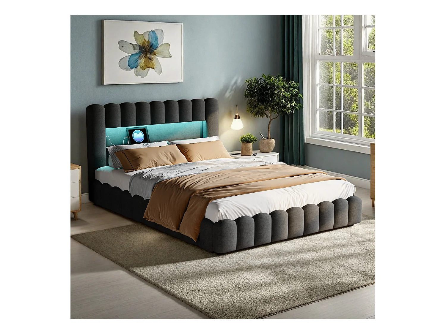 Tweepersoonsbedframe 180 x 200 cm, Grijs met opbergruimte, Linnen stof, LED-verlichting, hoofdbord en laadstation, lattenbodem