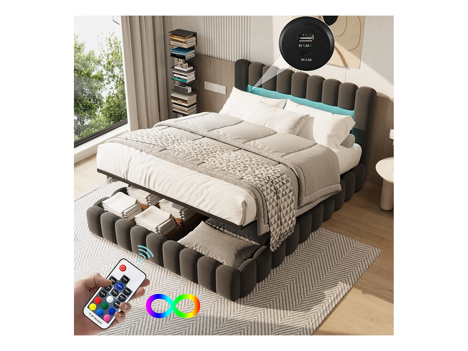 Tweepersoonsbedframe 180 x 200 cm, Grijs met opbergruimte, Linnen stof, LED-verlichting, hoofdbord en laadstation, lattenbodem