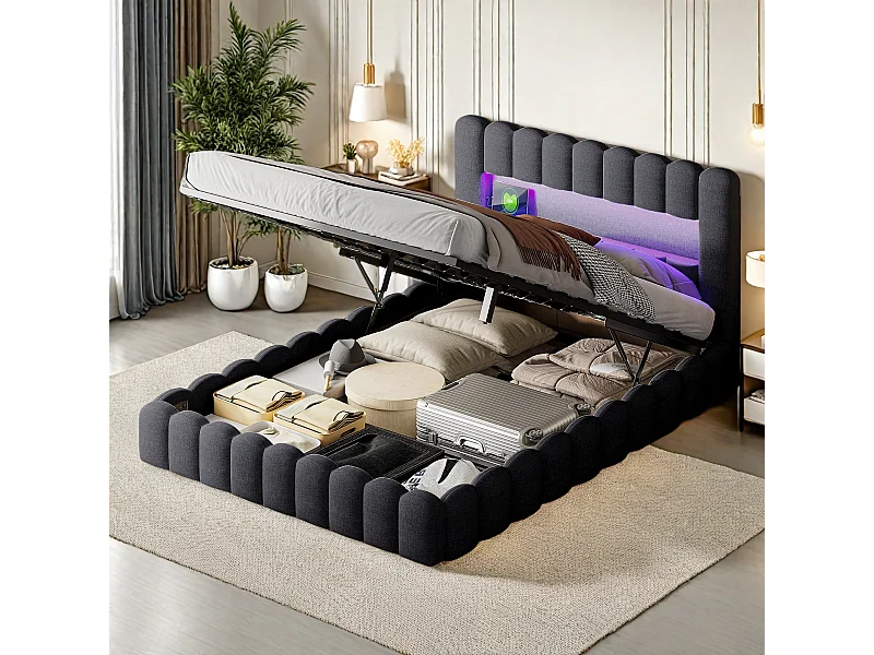 Tweepersoonsbedframe 180 x 200 cm, Grijs met opbergruimte, Linnen stof, LED-verlichting, hoofdbord en laadstation, lattenbodem