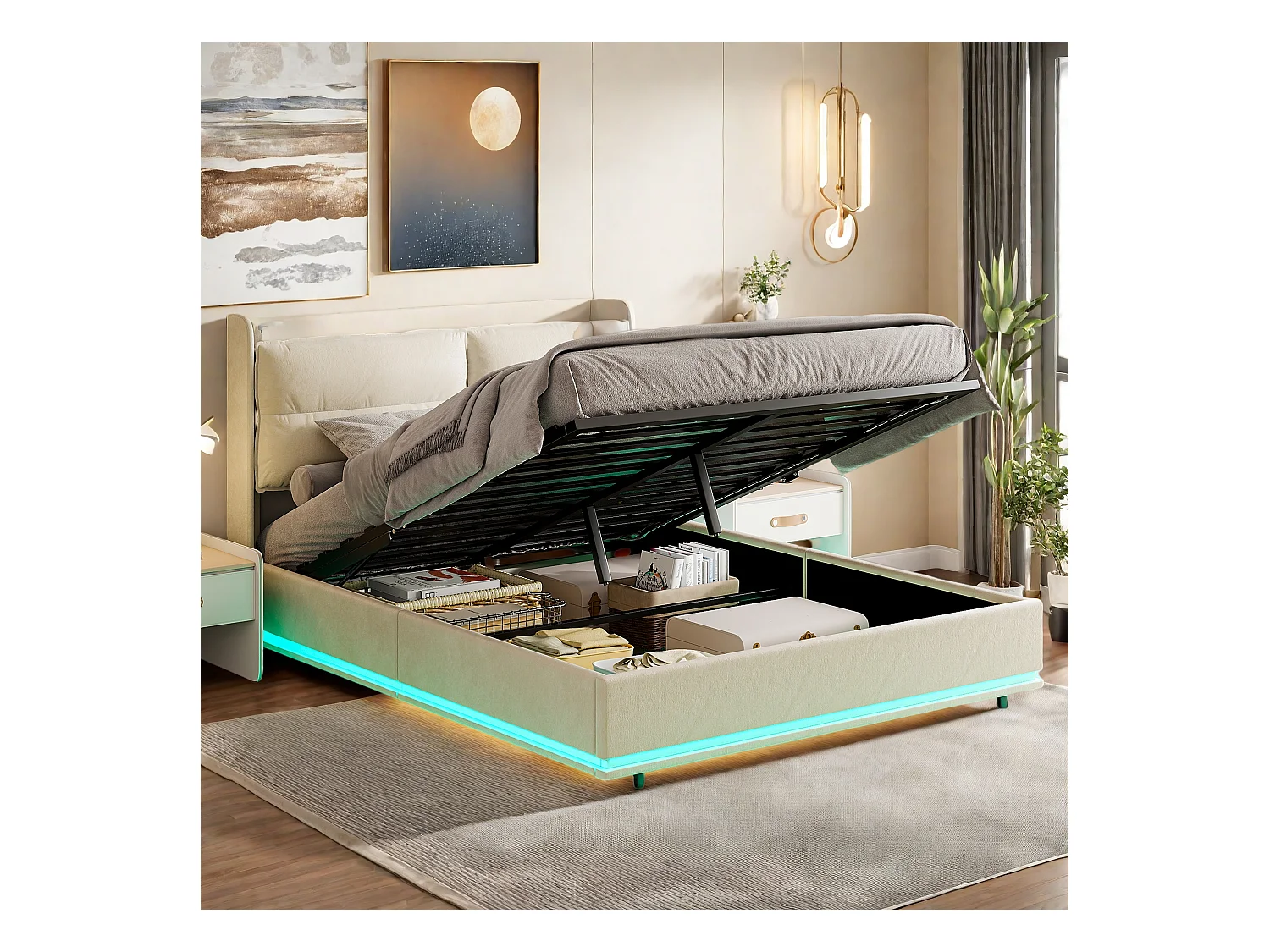 Cadre de lit double 140x200cm en velours avec LED intégrées, lattes en bois, rangement hydraulique et station de charge USB，Blanc cassé